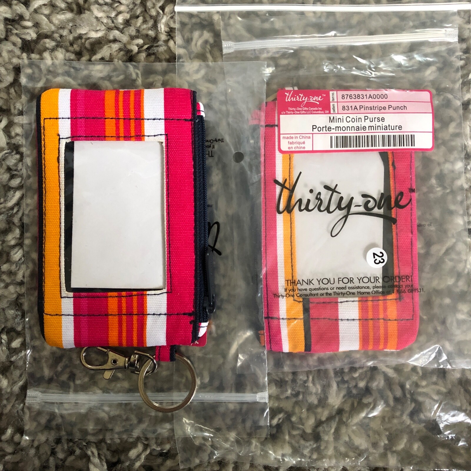 Thirty-One Gifts Mini Coin Purse ID Badge Holder Clip On Pinstri