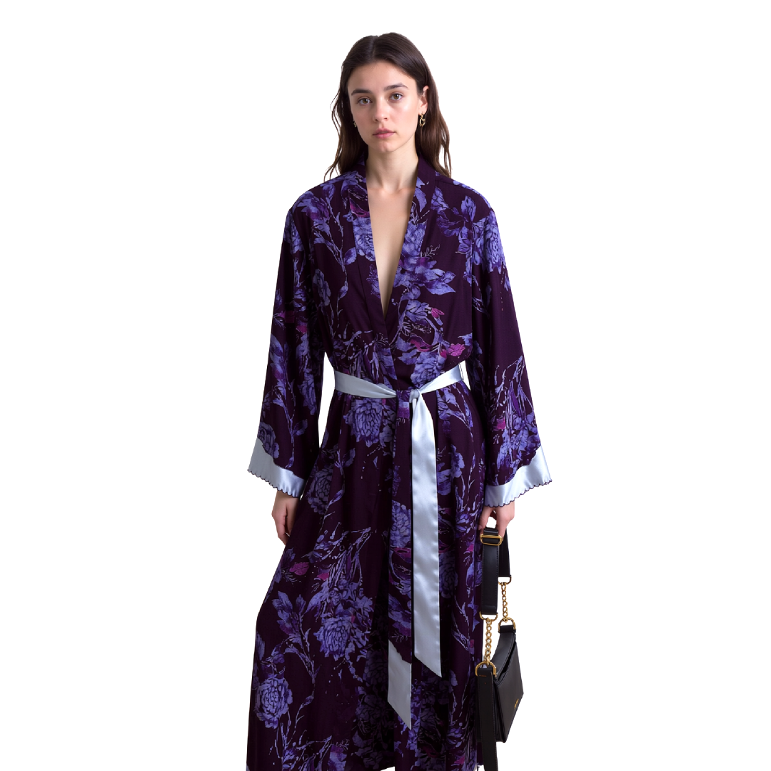 JONES NEW YORK Kimono Women’s Small Wrap Robe Purple Floral Belt