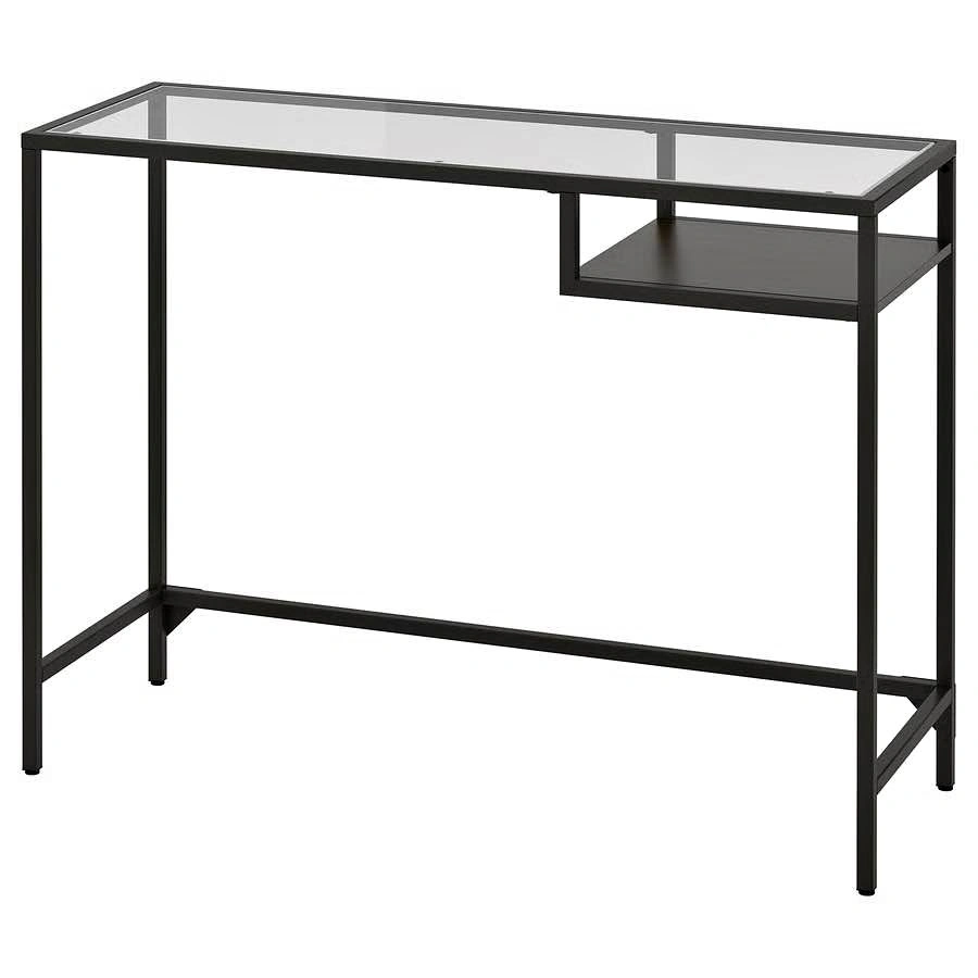 Black Metal Glass Top Console Desk w Shelf