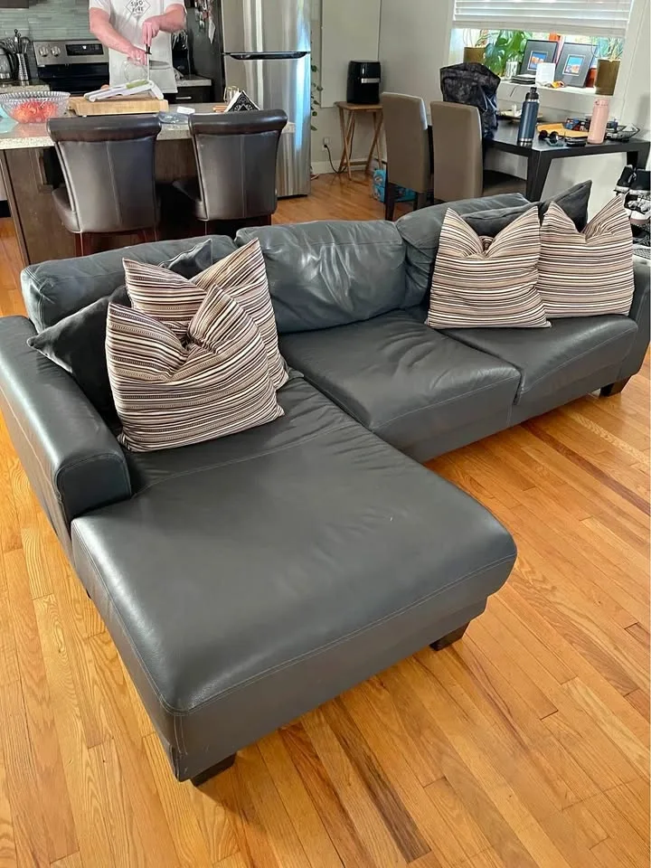 Gray Roche Bobois Leather Sectional Couch with Chaise