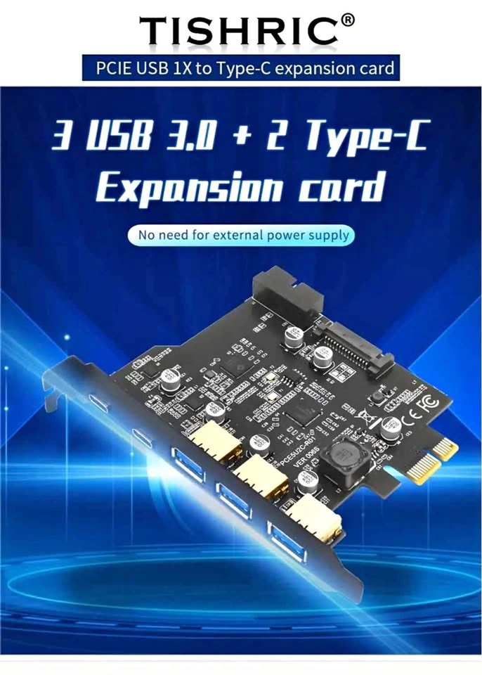 TISHRIC PCI-E 1x USB 3.0 Extender Card + 7 Port USB Hub