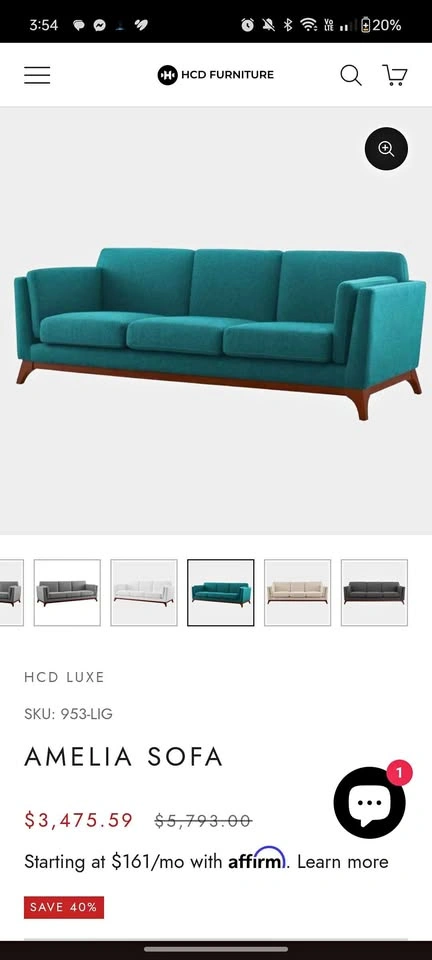 Beautiful teal Amelia sofa couch