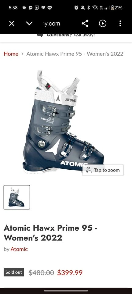 Atomic Hawx 95 Prime Ski Boots Size 22/22.5
