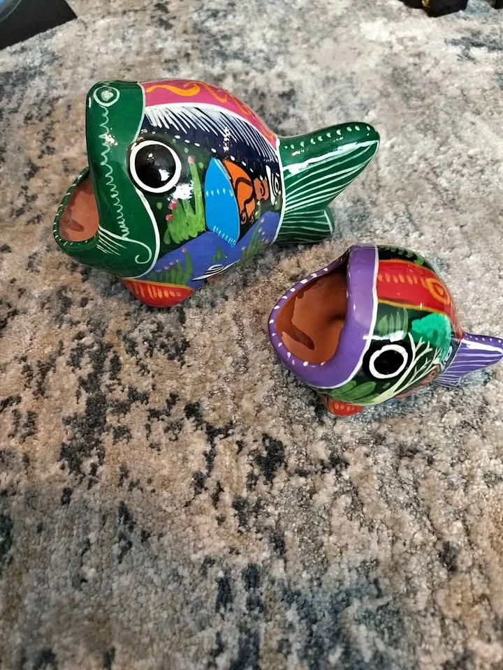Vintage Mexican Hand Painted Fish Figurines Jewelry Holders