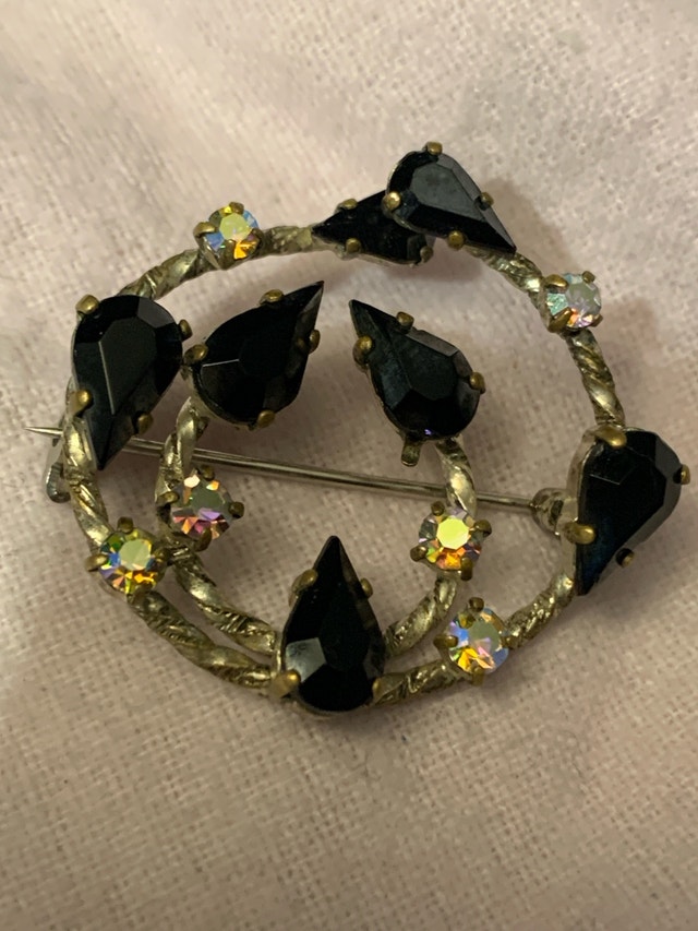 Vintage Brooch with Dark Stones & Iridescent Accents