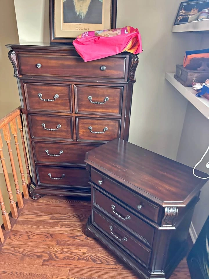 Dark brown wood chest and night stand set