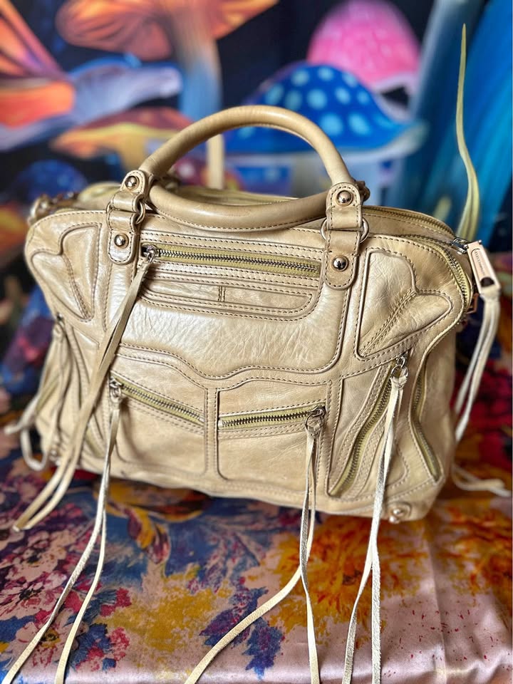 Designer Leather Satchel Tote | Beige | Multi-Pocket