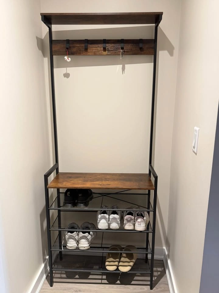 Entryway Hall Tree w/ Shoe Rack & Hooks – Rustic Wood Industrial - photo 2