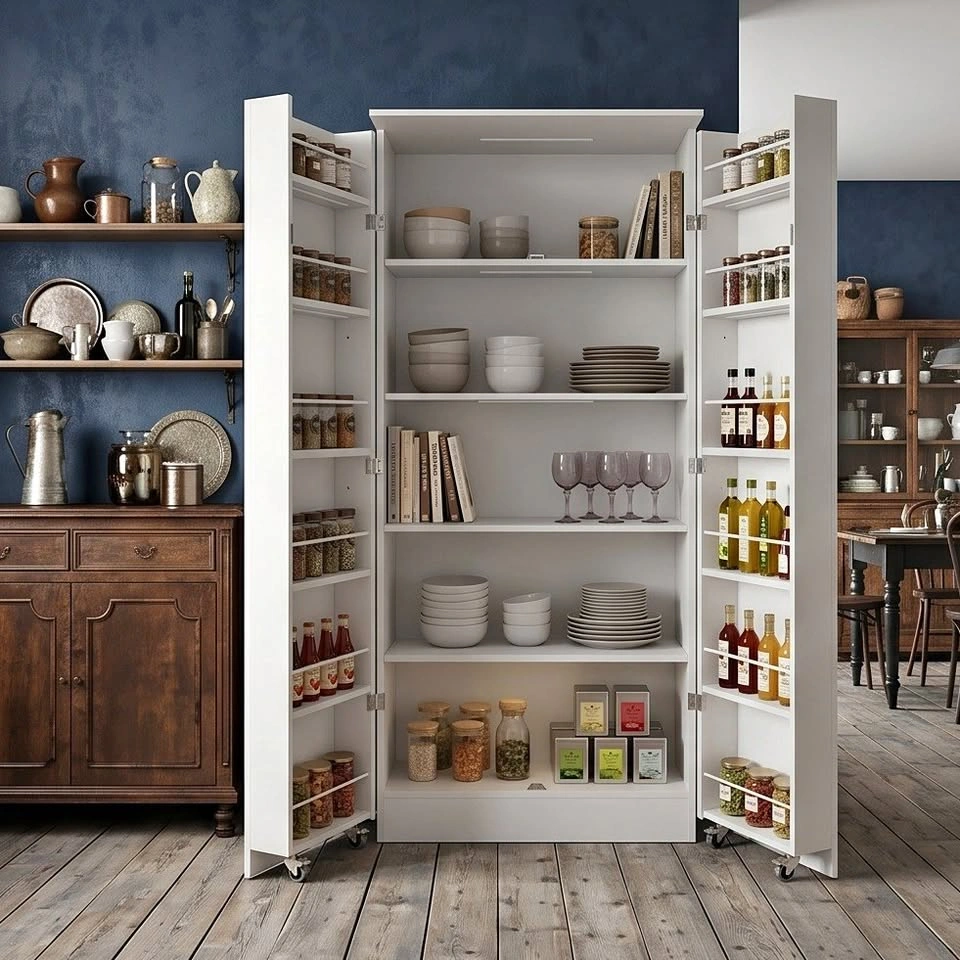 Tall White Kitchen Pantry Cupboard - Multi-Layer Storage