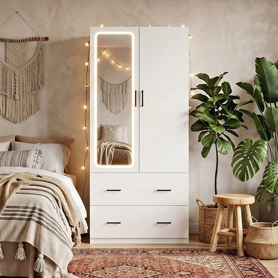 White Wardrobe with LED Mirror & Drawer Storage