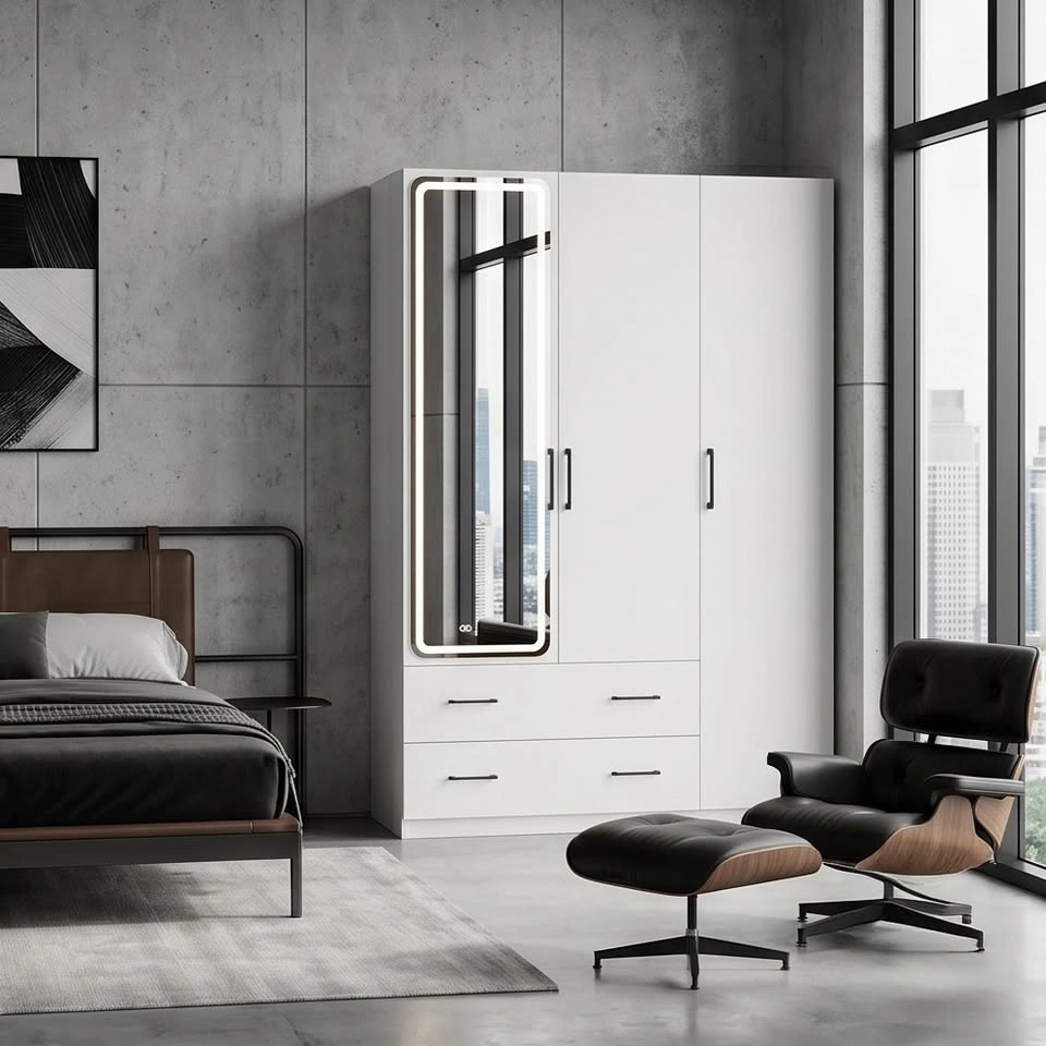 White Wardrobe with LED Mirror & Drawer Storage - photo 2