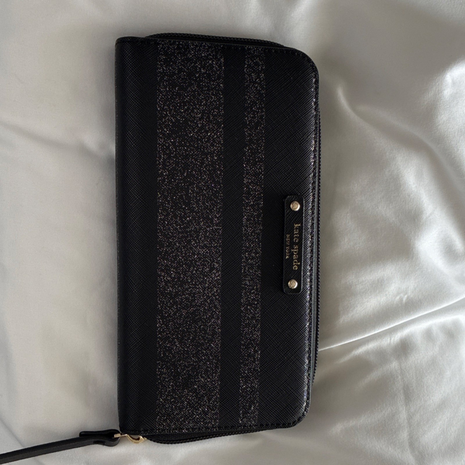 Kate Spade New York Black Glitter Striped Zip-Around Wallet