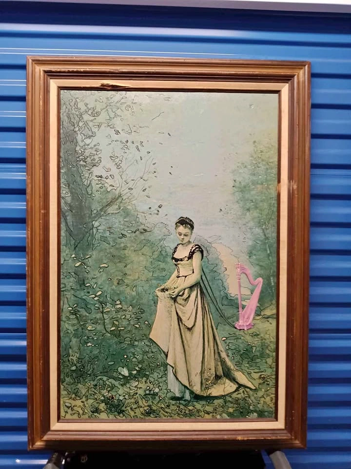 Vintage Framed Art Print Woman w Pink Harp