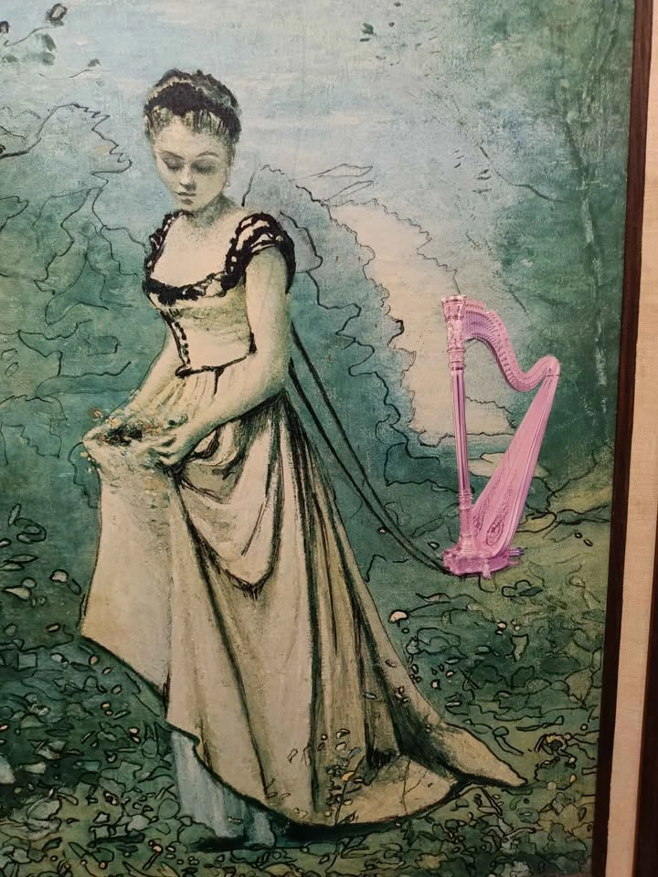 Vintage Framed Art Print Woman w Pink Harp - photo 2