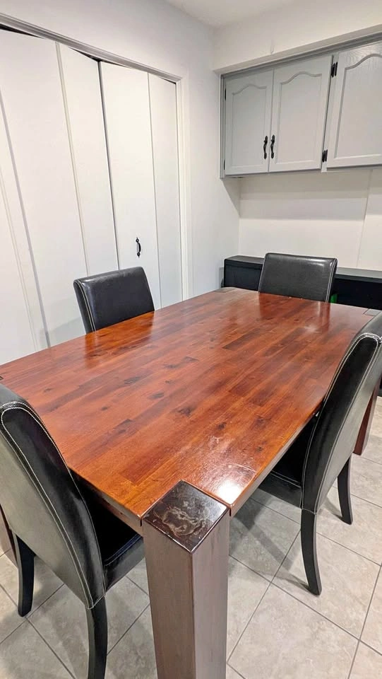 Solid Wood Dining Set - Table & 4 Leather Chairs