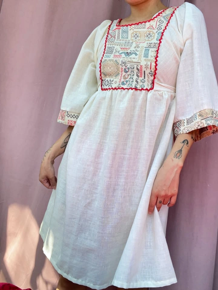 White Linen Patterned Dress, small