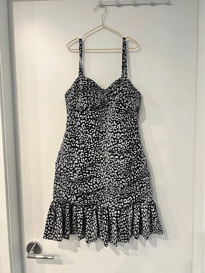 MK Flattering Smocked Mini Dress - Black & White Print - Fits Sm