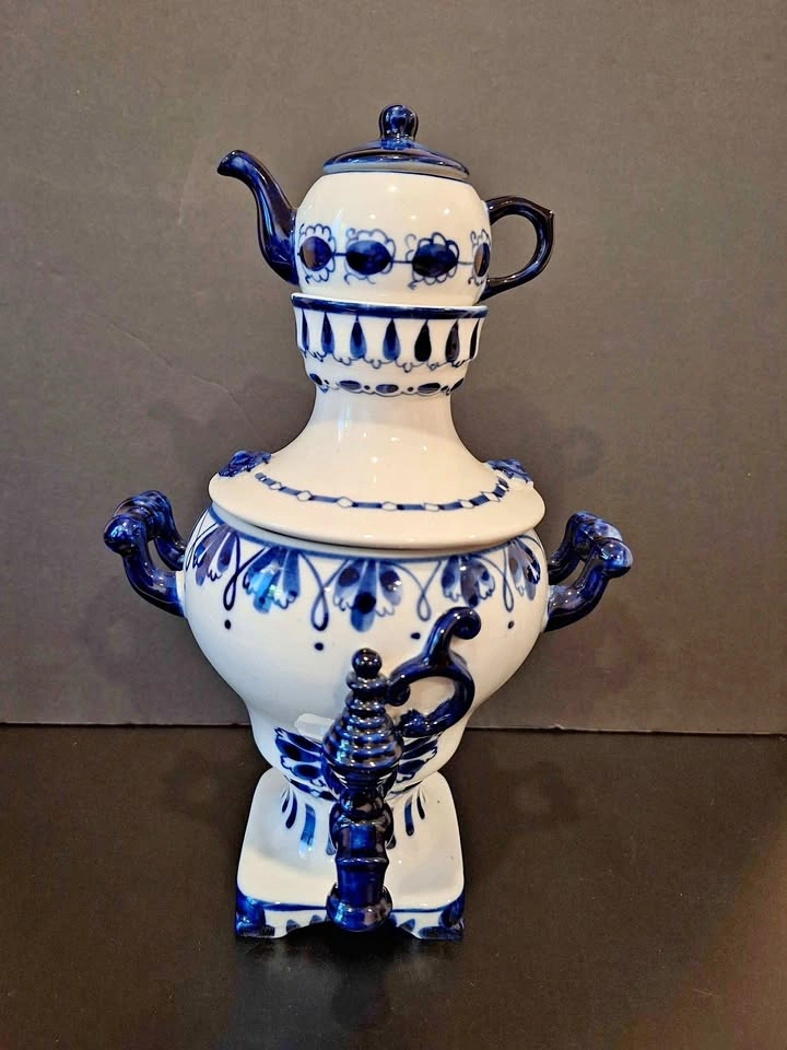 Vintage Russian Gzhel Porcelain Samovar & Teapot Set