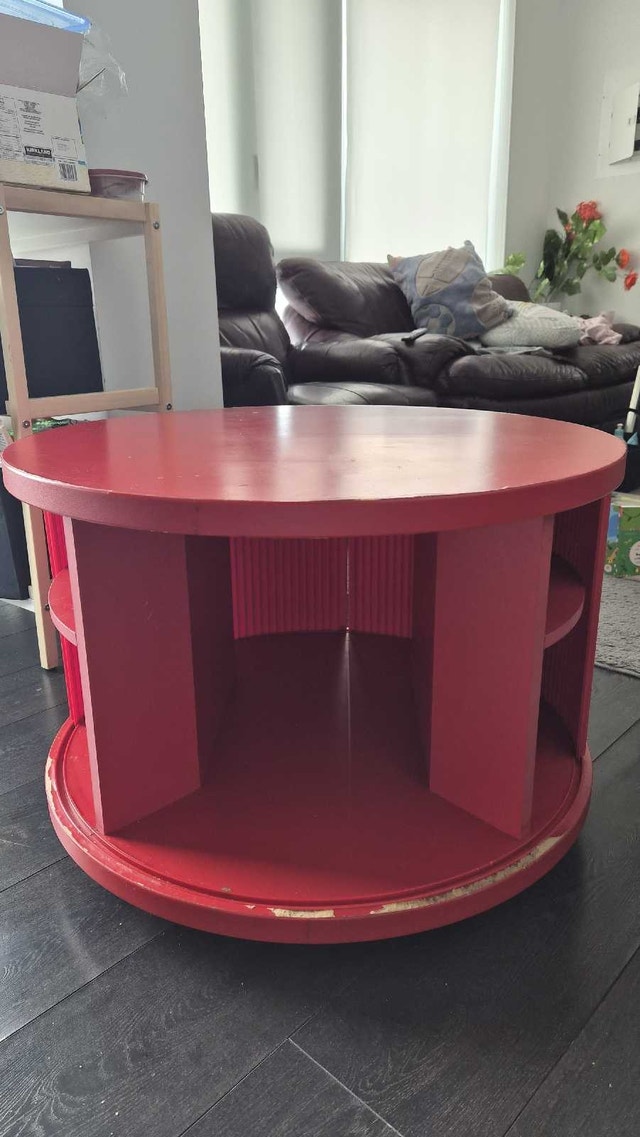 Red Round Coffee Table with Storage & Wheels - photo 3