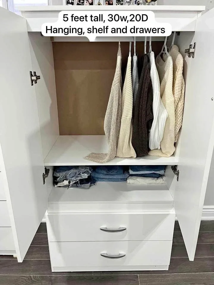 White Wardrobe Armoire 5ft tall 30w 20D Hanging Shelf Drawers