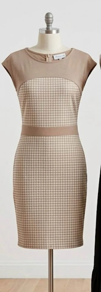 Beige Gingham Sheath Dress - Small