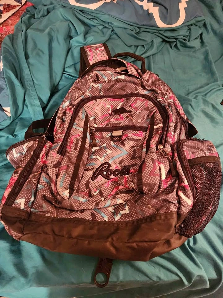 Roots Backpack Gray Pink Blue Geometric Pattern