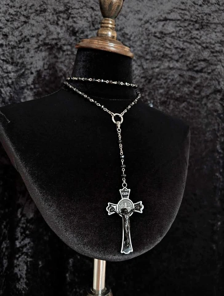 Crucifix Black Rosary Long Necklace, Victorian-Inspired Gothic J