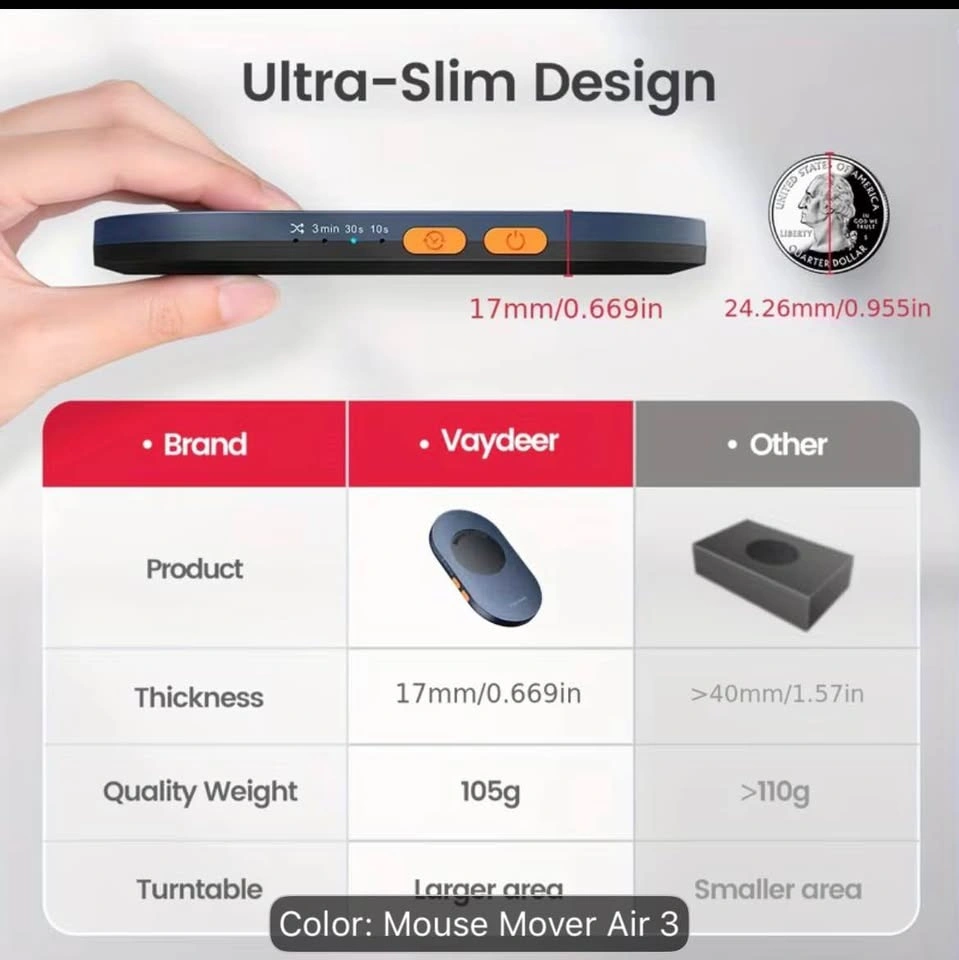 Vaydeer Ultra Slim Mouse Mover, Air 3 Mouse Jiggler - photo 4