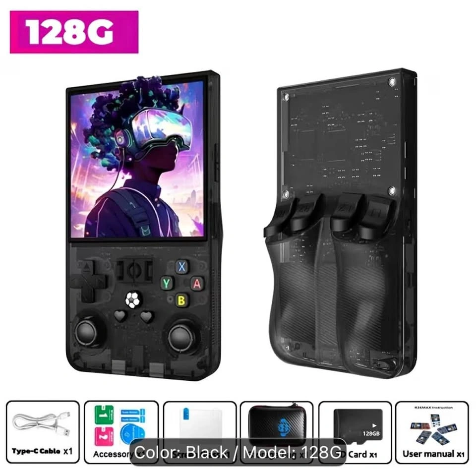 Black R36MAX RETRO HANDHELD Gaming Console RK3326 Chip 128G