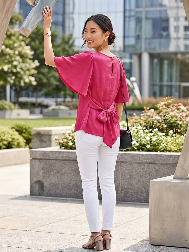 Ann Taylor Factory Fuchsia Pink Flutter Sleeve Tie Back Blouse -