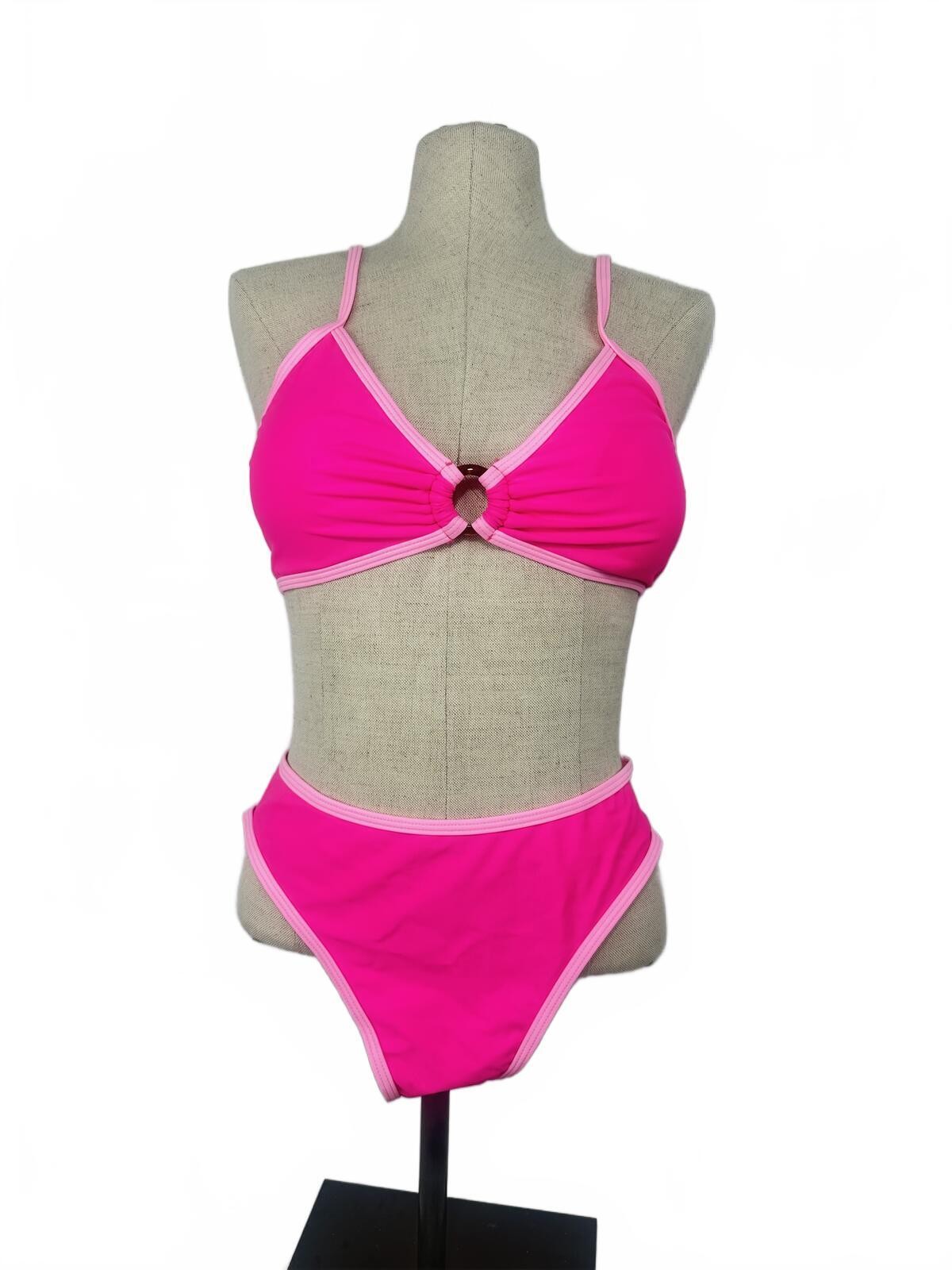 Hot Pink Bikini Set High Waisted Ring Front Adjustable Straps M - photo 2