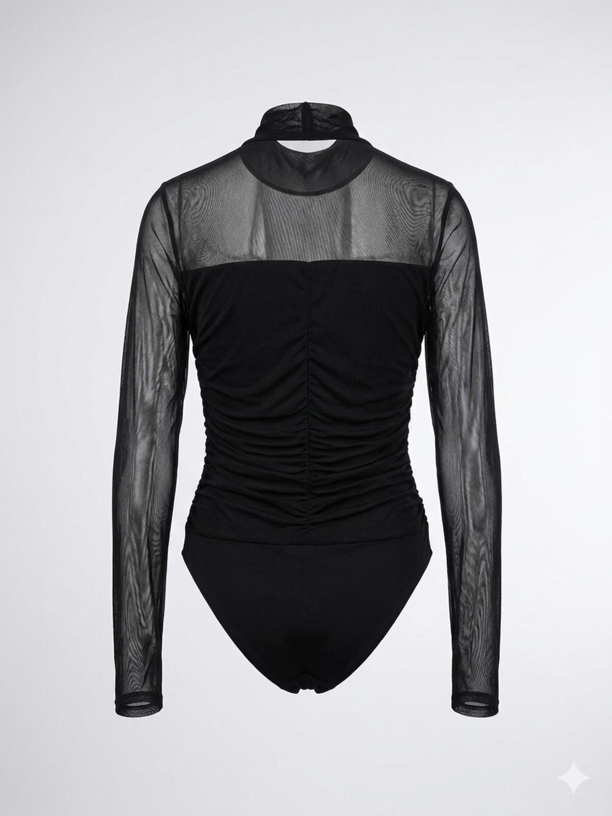 Avidlove Black Mesh Bodysuit Sheer Ruched Long Sleeve Mock Neck