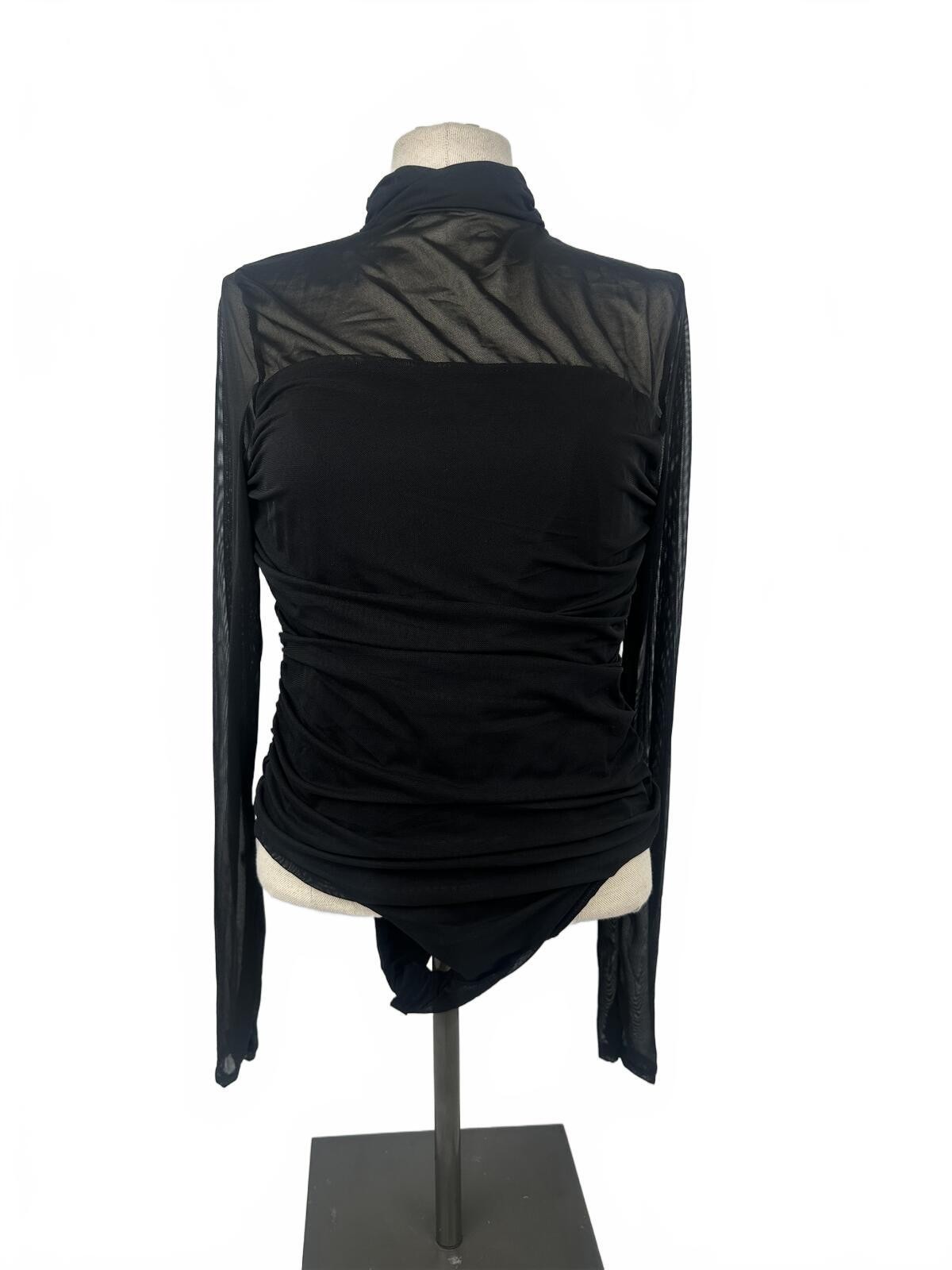 Avidlove Black Mesh Bodysuit Sheer Ruched Long Sleeve Mock Neck - photo 2