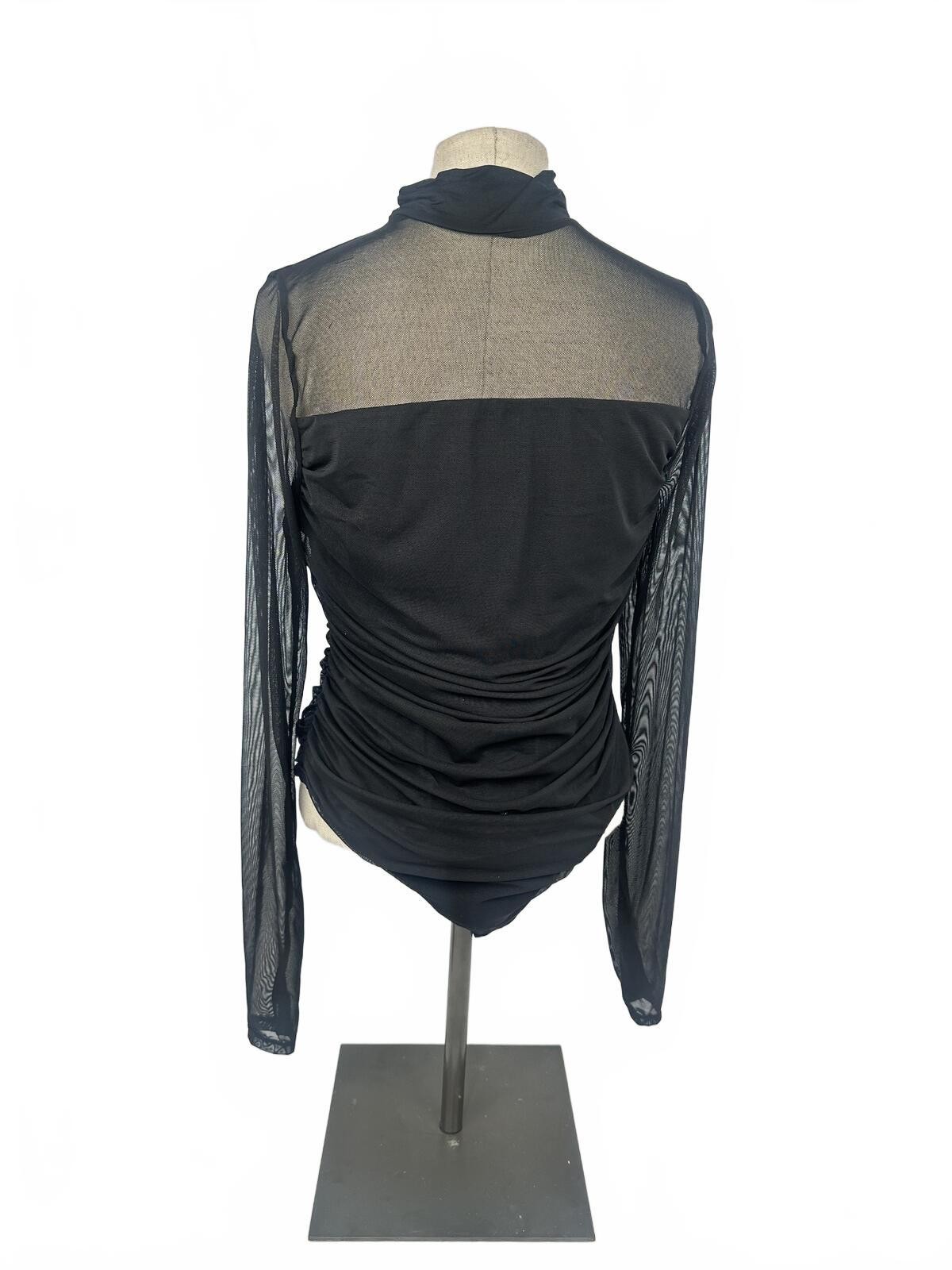 Avidlove Black Mesh Bodysuit Sheer Ruched Long Sleeve Mock Neck - photo 3