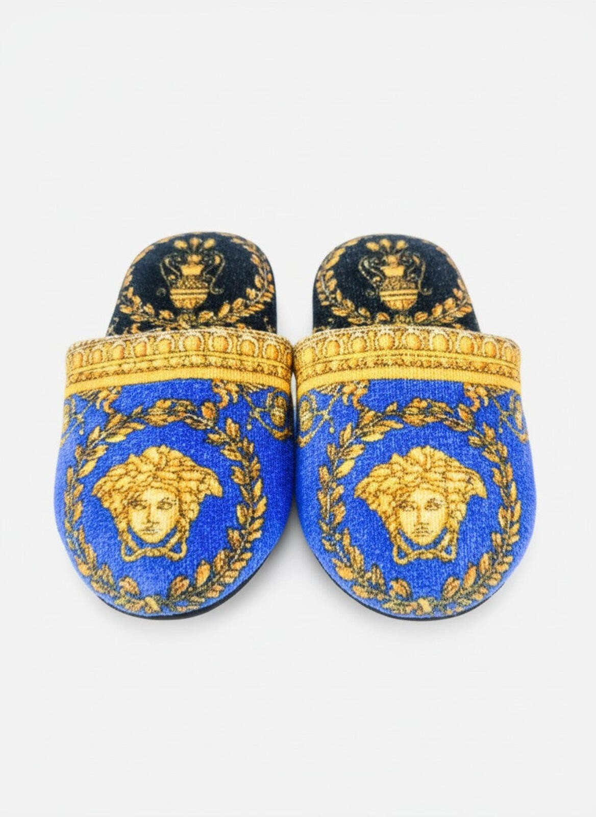 Versace Home Medusa Baroque Cotton Slippers Blue Gold EU 37 US 7