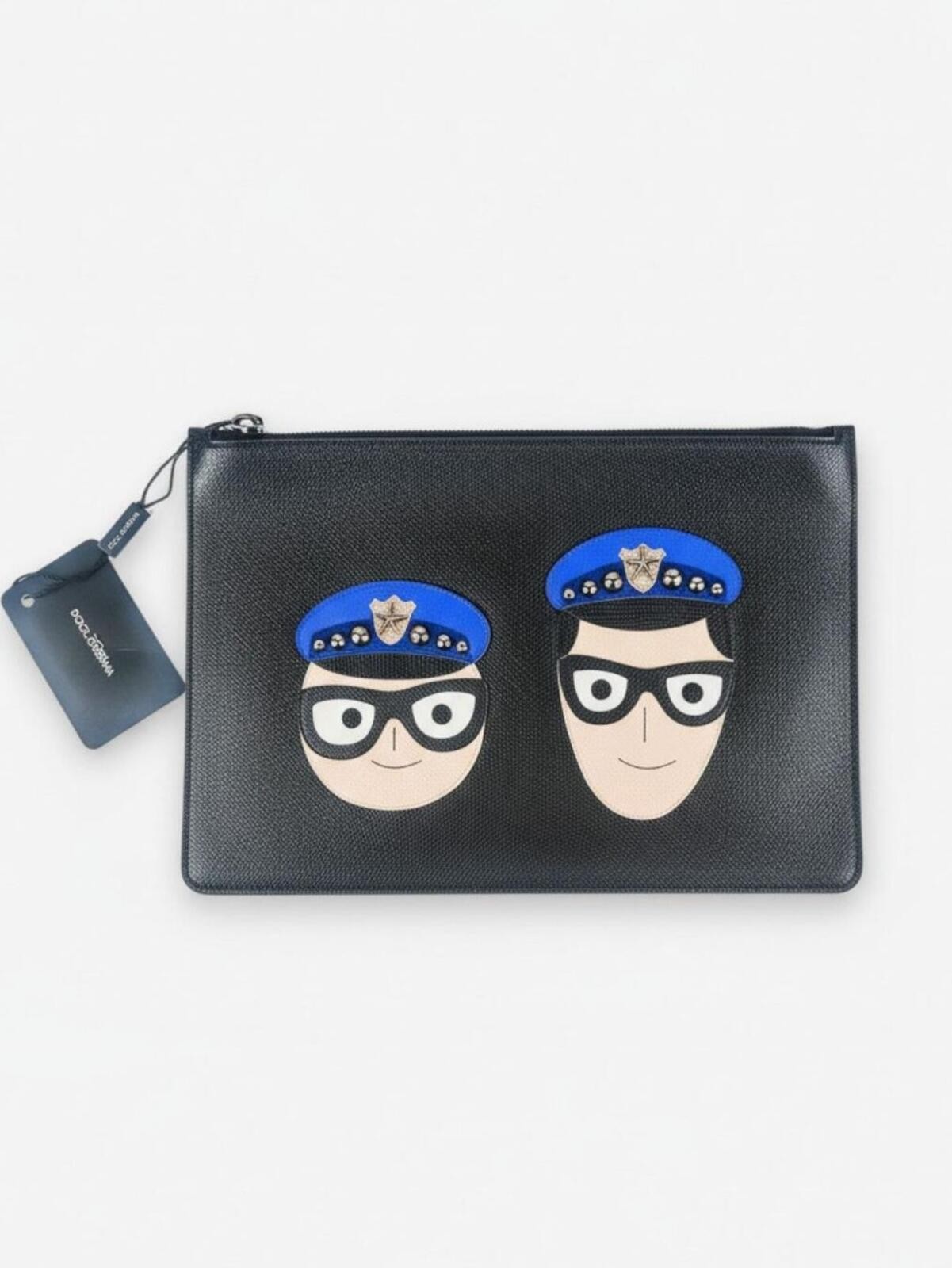 Dolce & Gabbana #DGFamily Black Calfskin Zip Pouch Face Appliqué