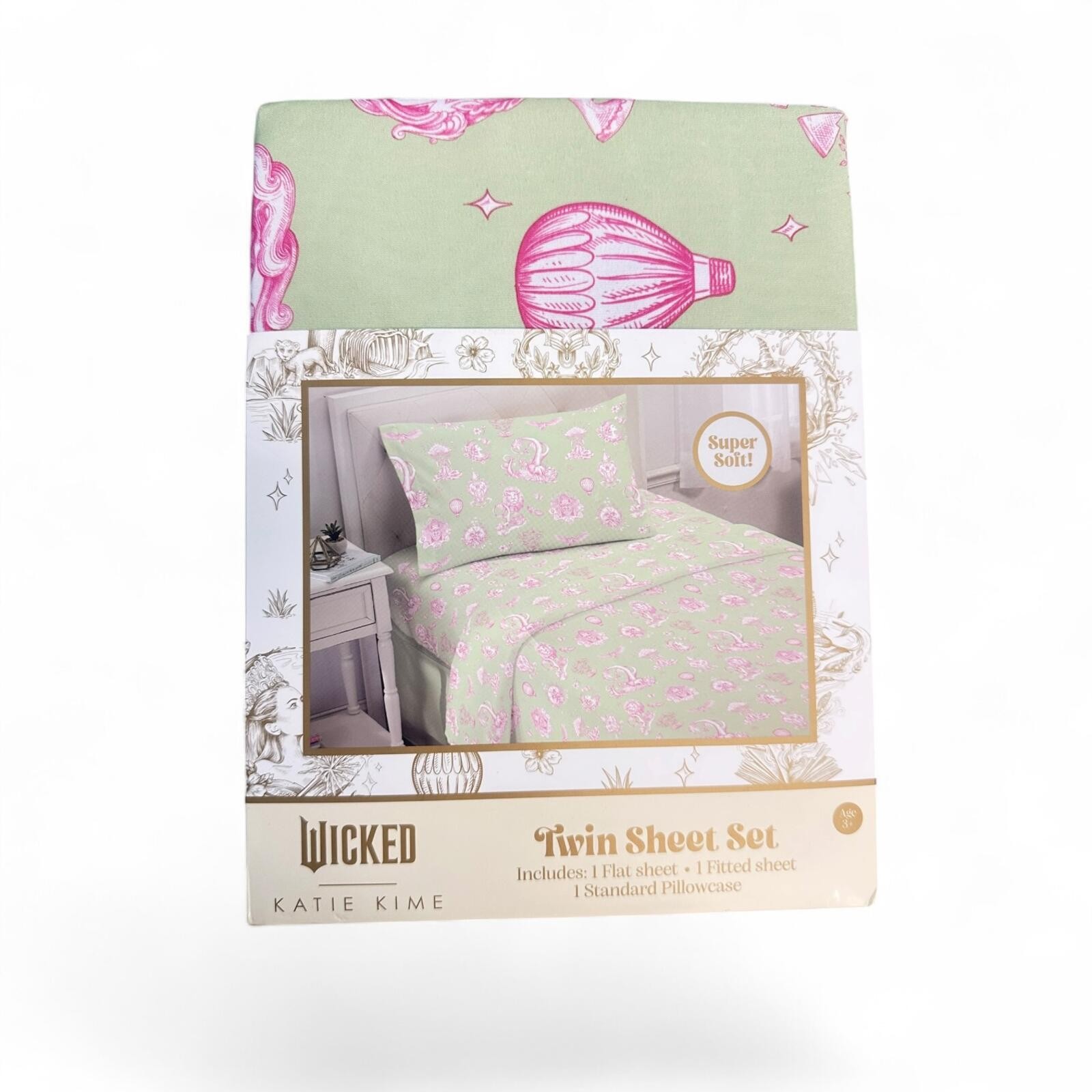Wicked Katie Kime Twin Sheet Set Green Pink Toile NEW Soft Targe