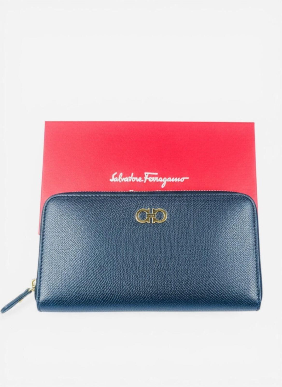 Salvatore Ferragamo Gancini Zip-Around Wallet Navy Leather Gold