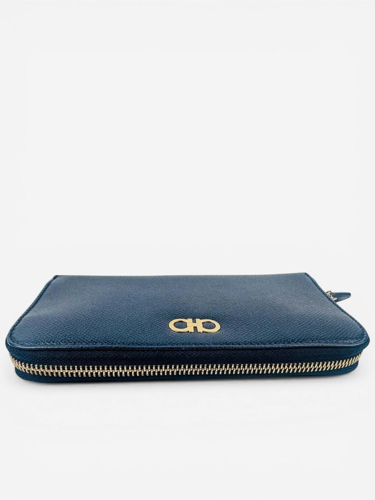 Salvatore Ferragamo Gancini Zip-Around Wallet Navy Leather Gold - photo 5