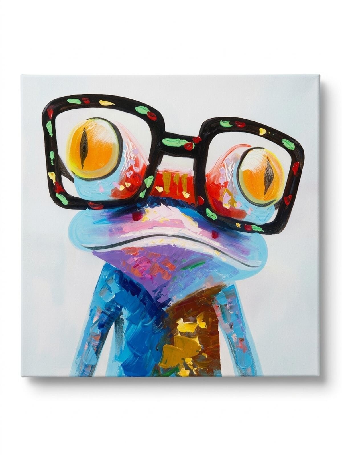 Colorful Frog Canvas Painting w Glasses Hand Painted Oil Art 40x