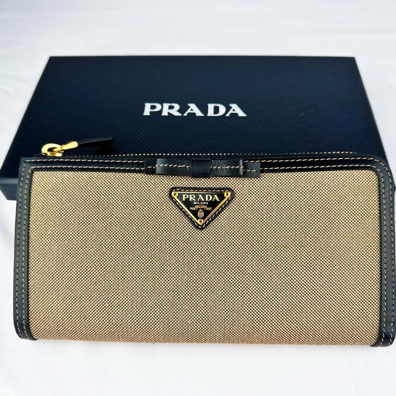 Prada Beige Black Logo Zip Around Wallet Jacquard Canvas Leather