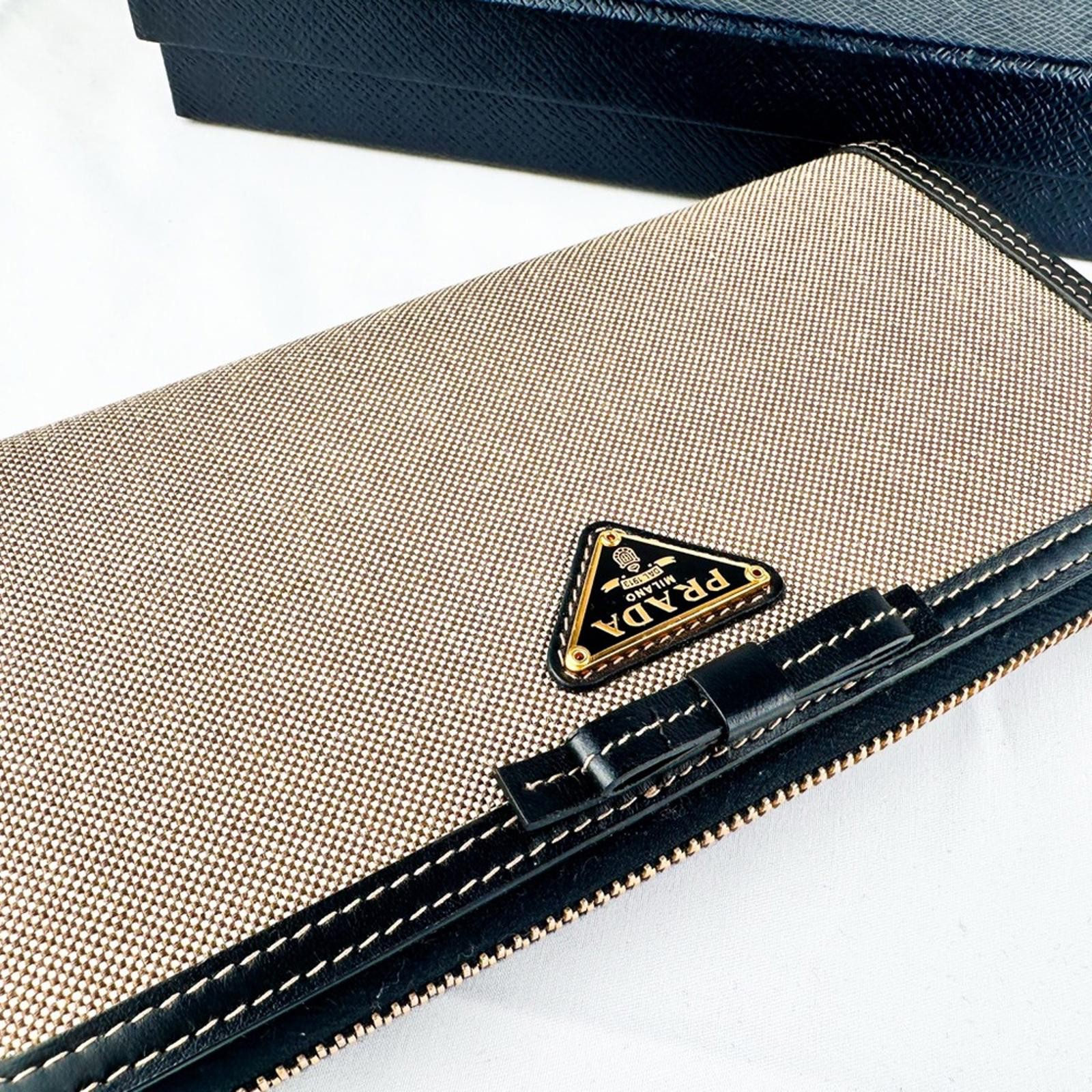 Prada Beige Black Logo Zip Around Wallet Jacquard Canvas Leather - photo 2