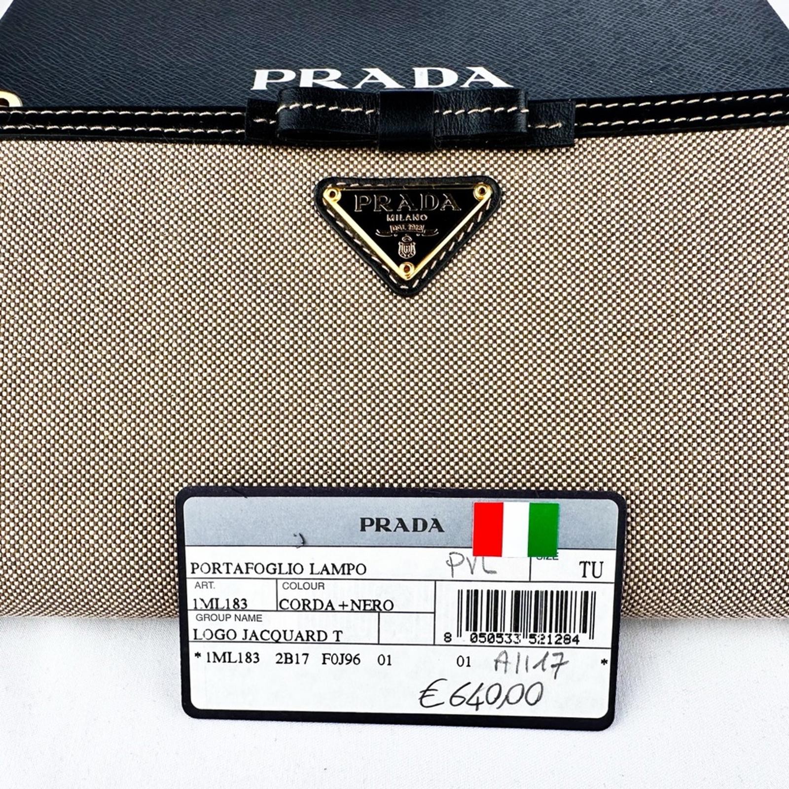 Prada Beige Black Logo Zip Around Wallet Jacquard Canvas Leather - photo 3
