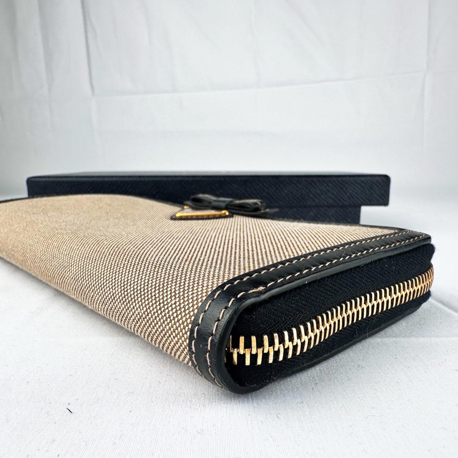 Prada Beige Black Logo Zip Around Wallet Jacquard Canvas Leather - photo 5