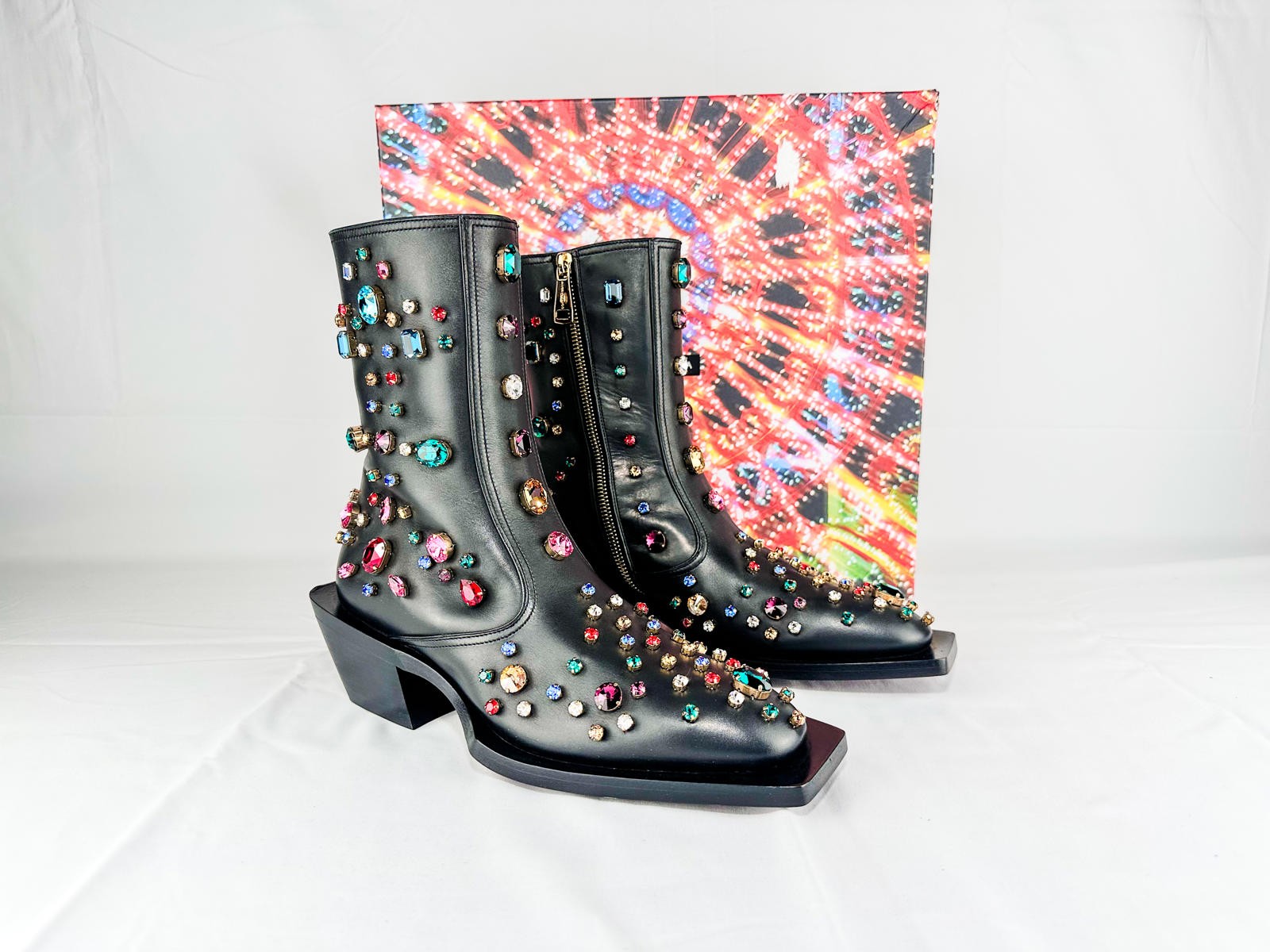 Dolce & Gabbana Crystal Western Cowboy Boots Black Leather Men E
