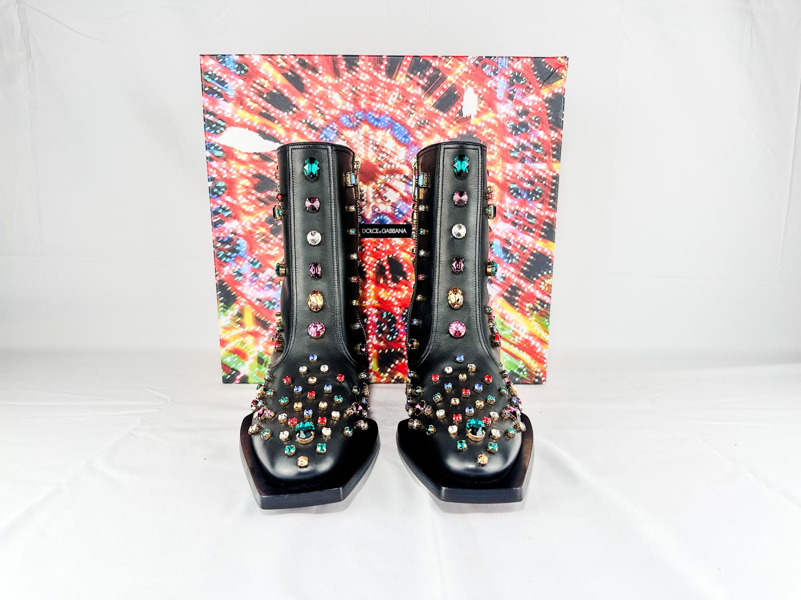 Dolce & Gabbana Crystal Western Cowboy Boots Black Leather Men E - photo 2