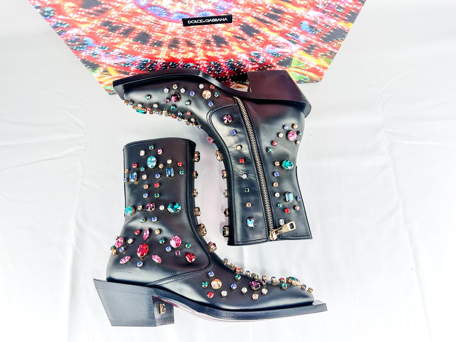 Dolce & Gabbana Crystal Western Cowboy Boots Black Leather Men E - photo 5