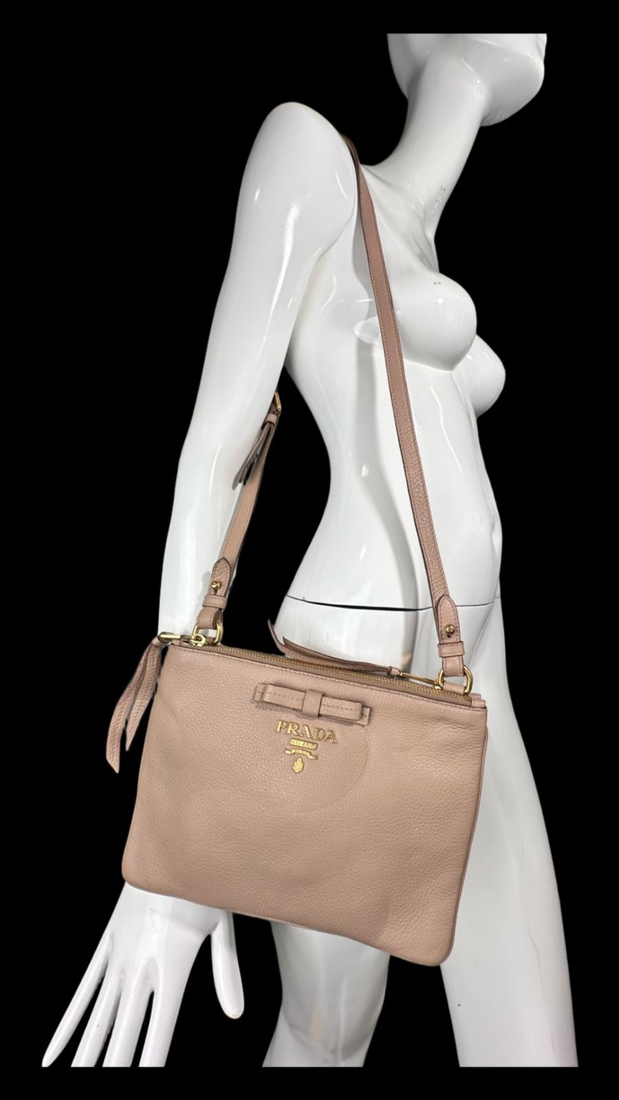 Prada Vitello Phenix Double Zip Crossbody Bag Cammeo Beige Leath