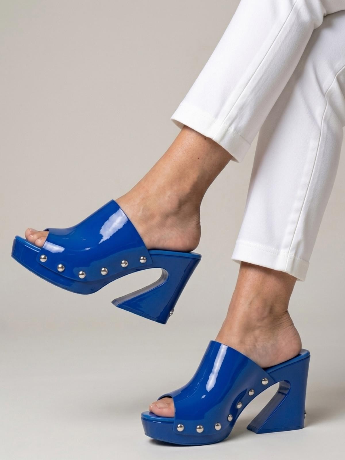 Dolce & Gabbana Blue Patent Leather Studded Platform Clog Mules