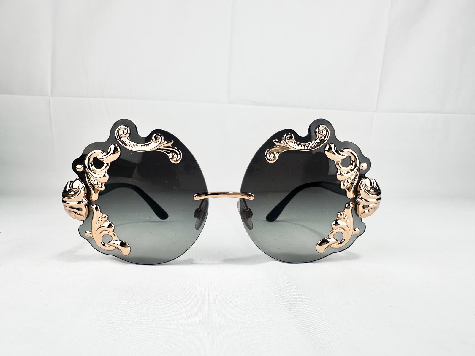 Dolce & Gabbana DG2195 Rimless Baroque Sunglasses Black Gold NWT